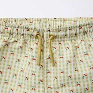 Zara Olive green boys gingham swim shorts with cherry print size 6-7 fits 5-6